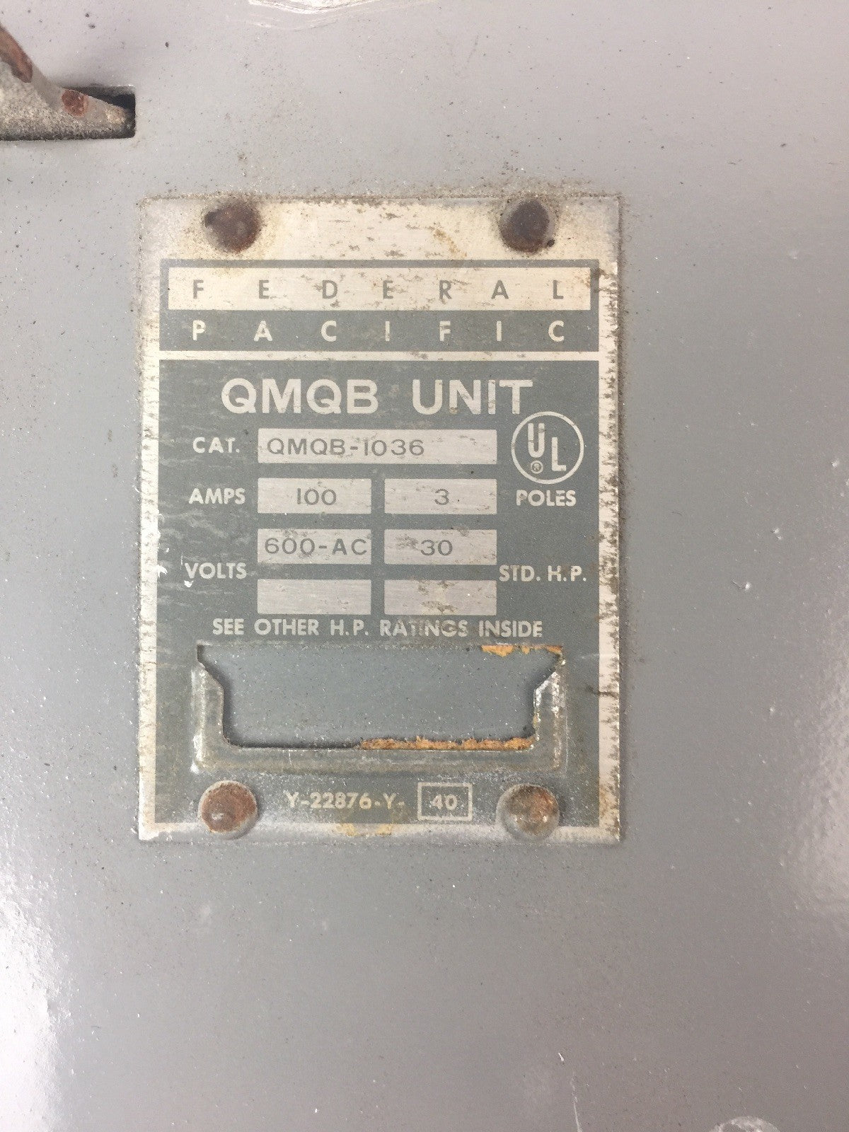 Federal Pacific QMQB-1036 100A 600VAC Panelboard Switch 30HP