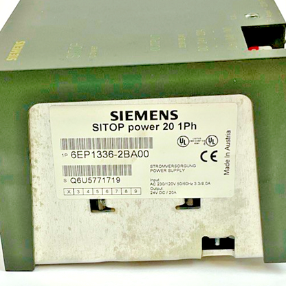 SIEMENS 6EP1 336-2BA00 POWER SUPPLY 120/230V 50/60HZ 20A 24VDC