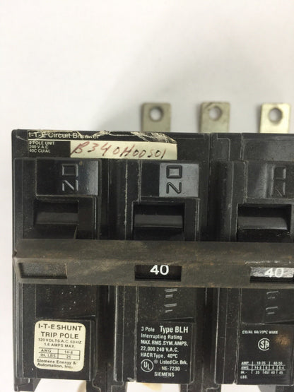 SIEMENS ITE B340H00S01 SHUNT TRIP CIRCUIT BREAKER BOLT ON 3P 40A 240VAC TYPE BLH