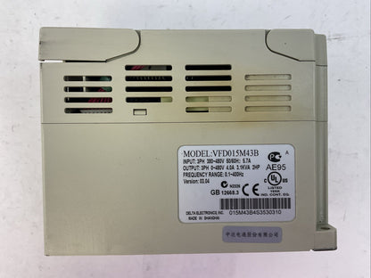 DELTA VFD015M43B AC DRIVE 1.5kW OUTPUT 3PH 0-480VAC 4A 3.1KVA 2HP VERSION 03.04