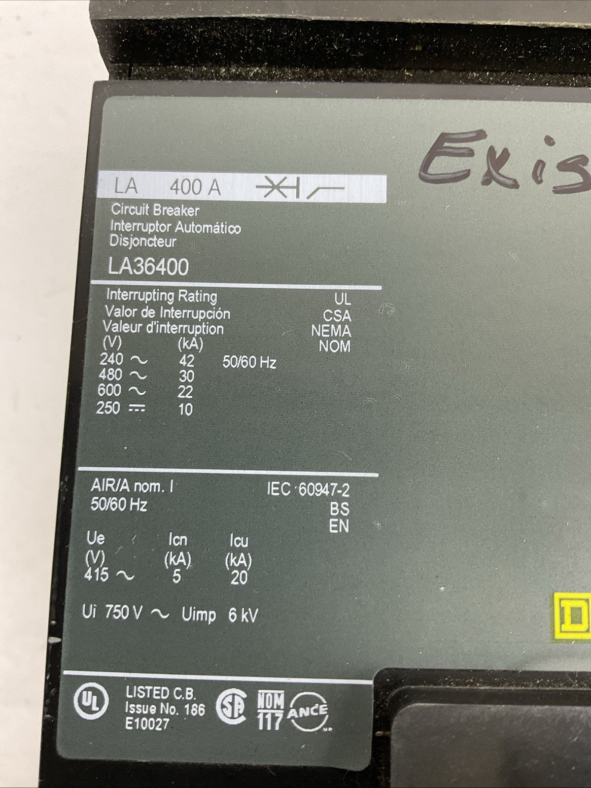SQUARE D LA36400 CIRCUIT BREAKER 600VAC 250VDC 400A 3POLE