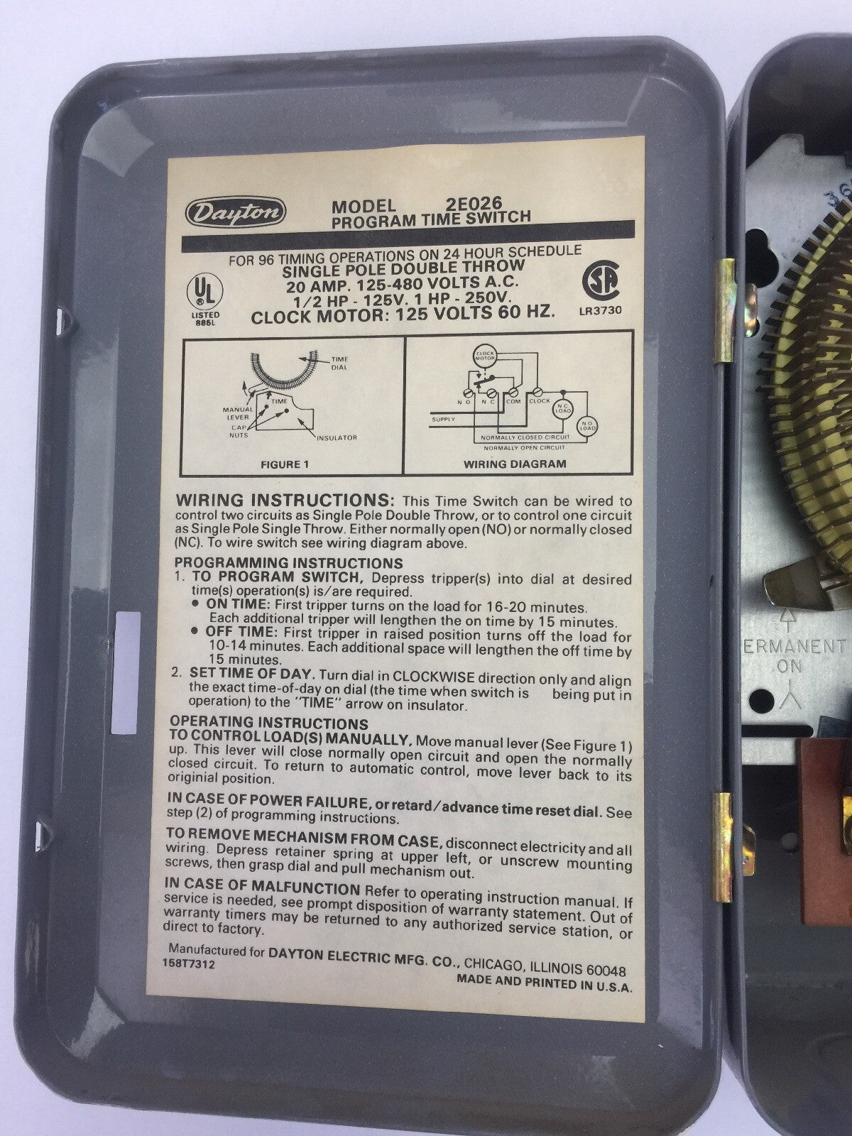DAYTON 2E026 PROGRAM TIME SWITCH 125-480VAC 20AMP FOR 96 TIMING OPERATIONS ON