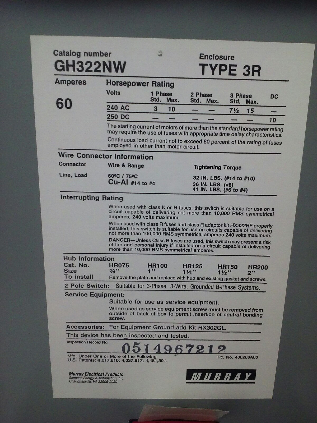 MURRAY GH322NW FUSIBLE SAFETY SWITCH SINGLE THROW 2P, 60A, 240V, 10HP, TYPE 3R