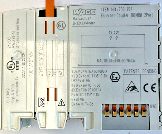 WAGO 750-352 ETHERNET COUPLER 24VDC 2PORT 100MBIL