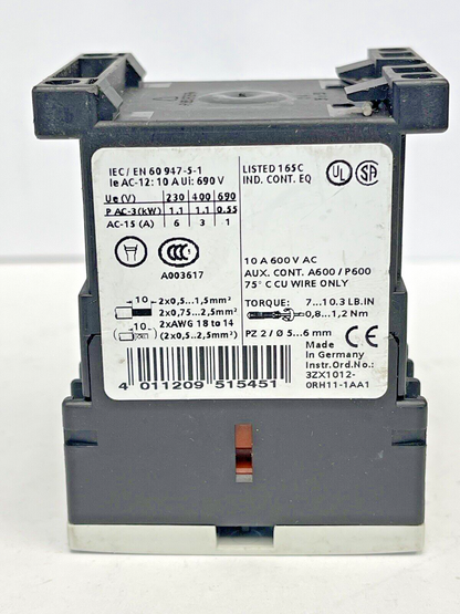 SIEMENS - 3RH1122-1WB40 - AUXILIARY CONTACT - 10 AMP, 600 VAC
