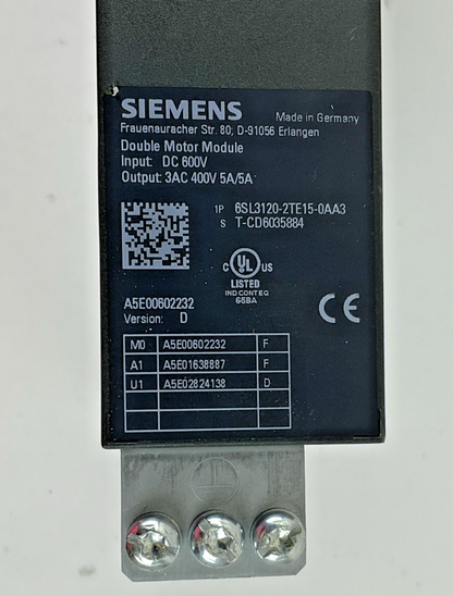 SIEMENS 6SL3120-2TE15-0AA3 DOUBLE MOTOR MODULE 5A 600VDC 50/60HZ