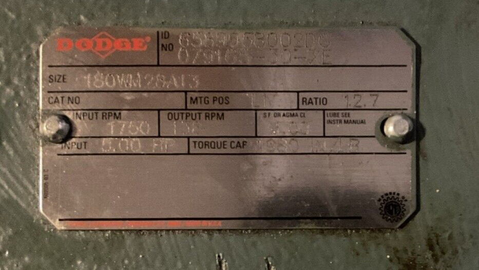 DODGE 180WM28A13 RATIO 12.7 INPUT RPM 1750 OUTPUT RPM 138 INPUT 5HP GEAR REDUCER