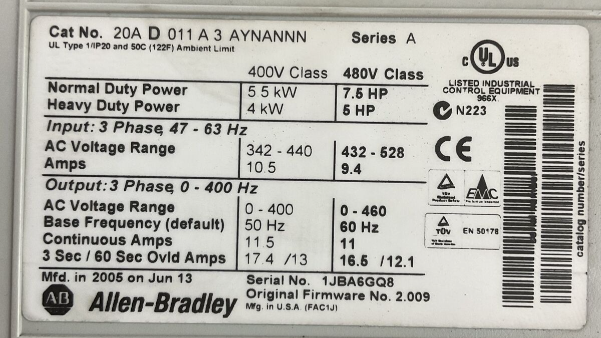 ALLEN BRADLEY 20AD011A3AYNANNN AC DRIVE SER A FIRMWARE 2.009 20-HIM-A3 FW V3.005