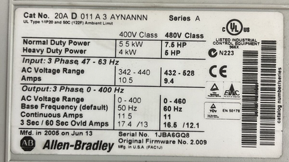 ALLEN BRADLEY 20AD011A3AYNANNN AC DRIVE SER A FIRMWARE 2.009 20-HIM-A3 FW V3.005