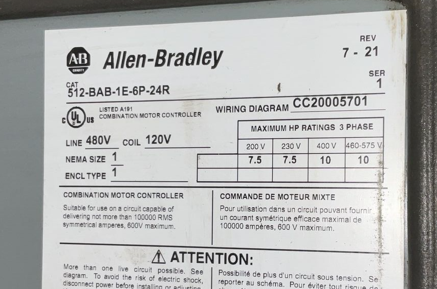 ALLEN BRADLEY 512-BAB-1E-6P-24R COMBINATION MOTOR CONTROLLER SER.1 480V