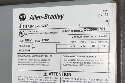 ALLEN BRADLEY 512-BAB-1E-6P-24R COMBINATION MOTOR CONTROLLER SER.1 480V