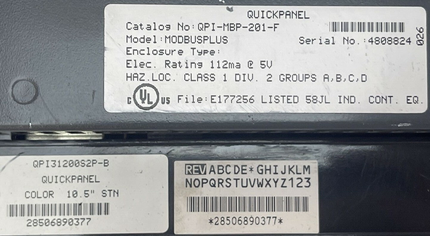 TOTAL CONTROL QPI31200S2P-B QUICK PANEL 10.5" TOUCH SCREEN 120VAC QPI-MBP-201-F