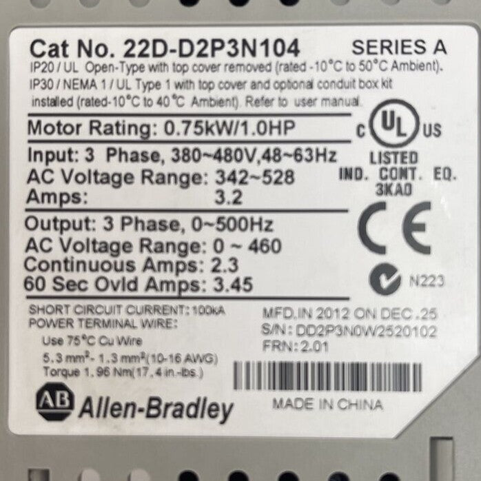 ALLEN BRADLEY 22D-D2P3N104 AC DRIVE POWER FLEX 40 FRN 2.01 OUTPUT 0-460VAC INPUT
