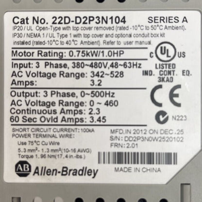 ALLEN BRADLEY 22D-D2P3N104 AC DRIVE POWER FLEX 40 FRN 2.01 OUTPUT 0-460VAC INPUT