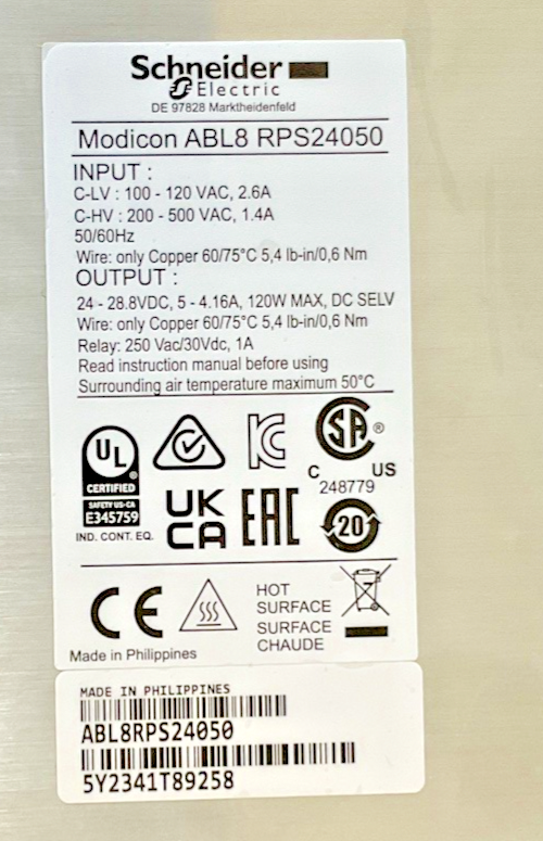 SCHNEIDER ELECTRIC ABL8RPS24050 POWER SUPPLY MODICON 940561 24VDC 5A 500VAC