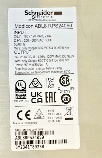 SCHNEIDER ELECTRIC ABL8RPS24050 POWER SUPPLY MODICON 940561 24VDC 5A 500VAC