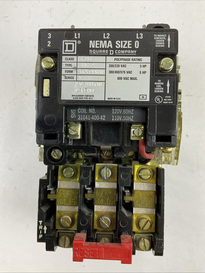 SQUARE D 8536SBG2 SIZE 0 STARTER 600VAC 5HP B4.15 HEATERS 31041-400-42 COIL 120V