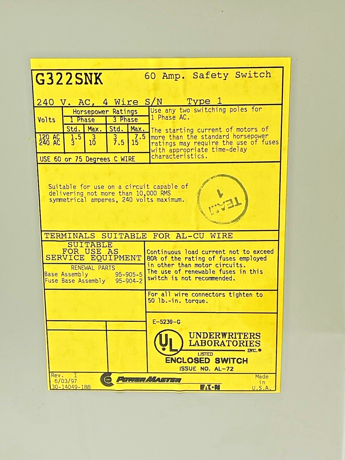 EATON - POWER MASTER - G322SNK - SAFETY SWITCH W/FUSES - 60 A, 240 VAC, TYPE 1