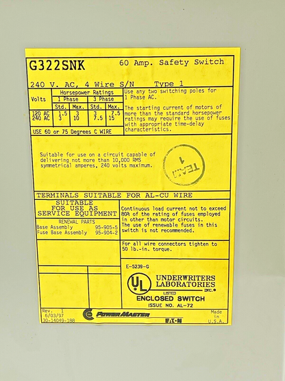 EATON - POWER MASTER - G322SNK - SAFETY SWITCH W/FUSES - 60 A, 240 VAC, TYPE 1