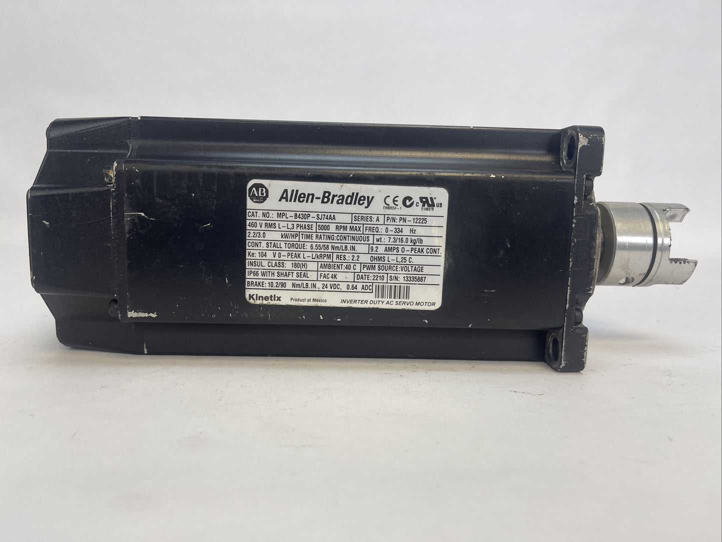 ALLEN BRADLEY MPL-B430P-SJ74AA SERVO MOTOR SER A 5000RPM 2.2/3.0 kW/HP 9.2AMP