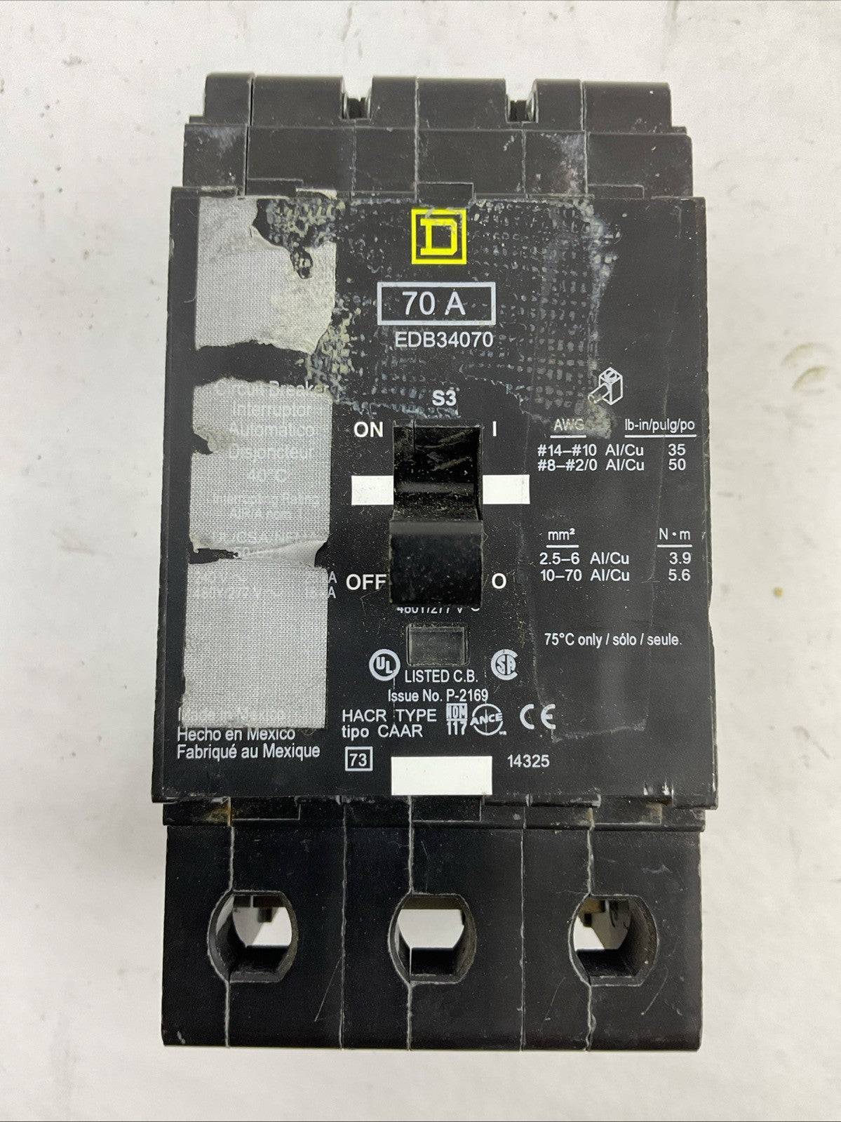 SQUARE D EDB34070 70AMP 3POLE 240VAC 480Y/277VAC 3POLE CIRCUIT BREAKER