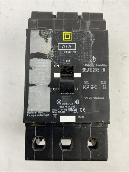 SQUARE D EDB34070 70AMP 3POLE 240VAC 480Y/277VAC 3POLE CIRCUIT BREAKER