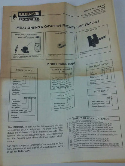 R.B.DENISON NJ50-F+VA, PROXIMITY LIMIT SWITCH, 250V, BUL. 900, NEW SURPLUS, NJ50