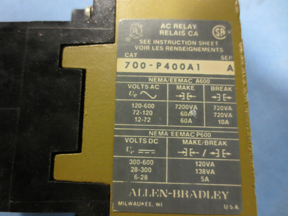 ALLEN-BRADLEY 700-P400A1 Ser. A - AC RELAY / w/ 700-PB40