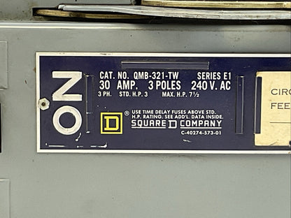 SQUARE D QMB-321-TW PANELBOARD TWIN SWITCH SER E1 240VAC 3POLE 30AMP 3PH 7-1/2HP