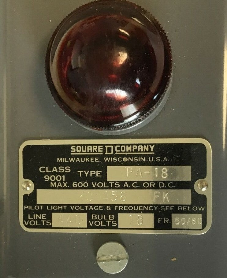 SQUARE D 9001 PA-18 CONTROL STATION RED PILOT 110V 60CY.