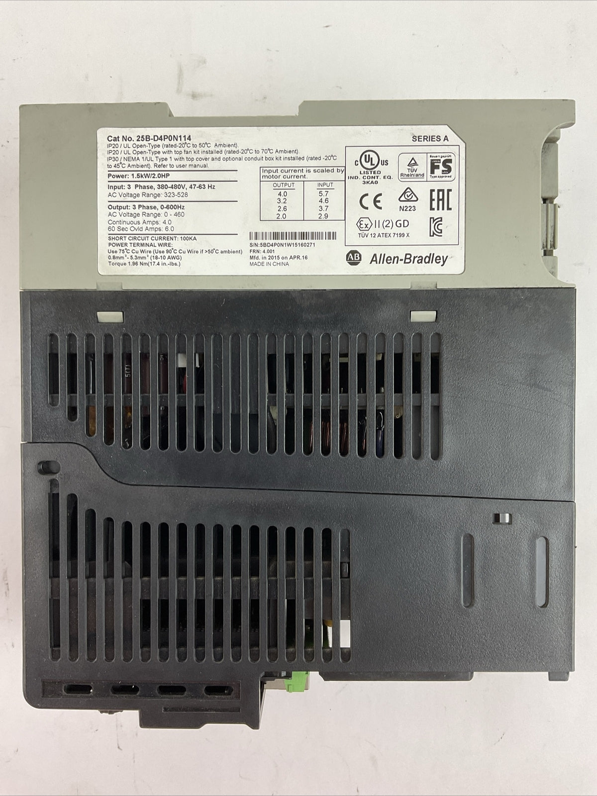 ALLEN BRADLEY 25B-D4P0N114 AC DRIVE FRN 4.001 OUTPUT 0-460VAC SER A