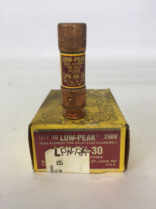 BUSSMAN LOW-PEAK LPN-RK-30 DUAL ELEMENT TIME-DELAY FUSE 250VAC 30AMP (BOX OF 10)
