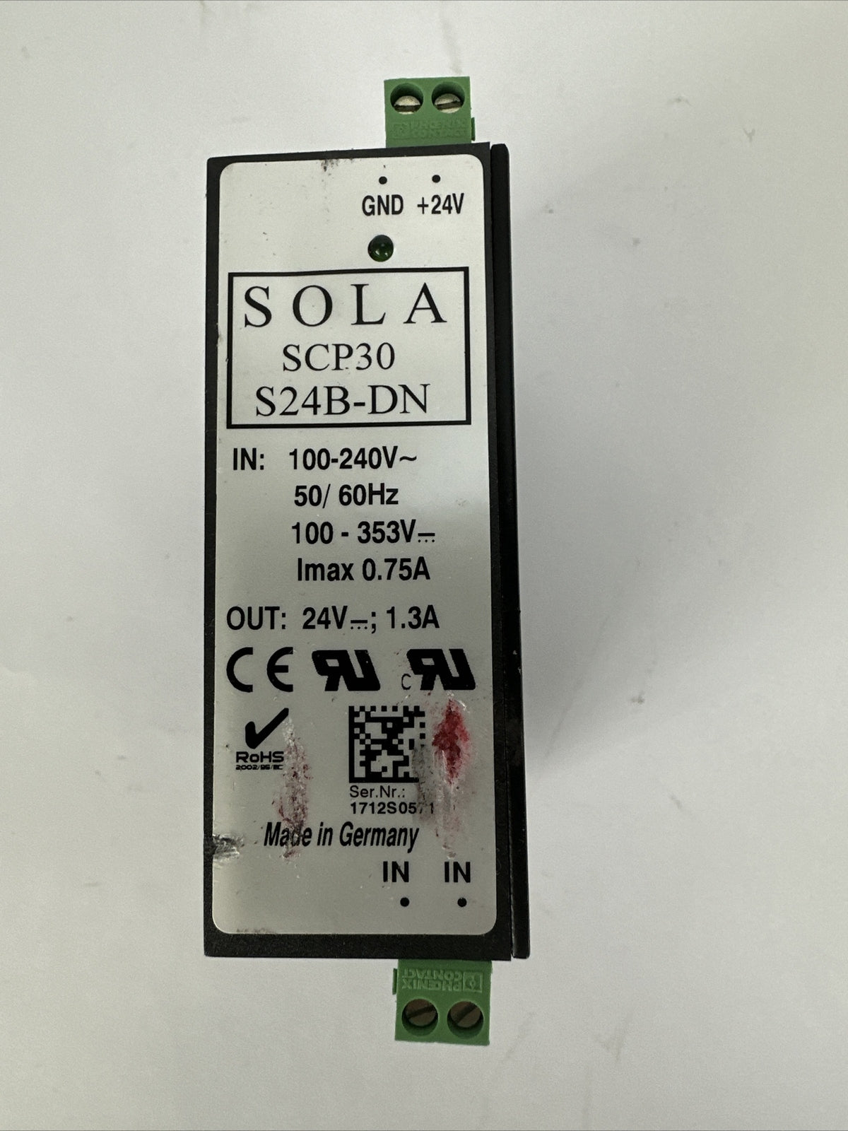 SOLA SCP30 S24B-DN POWER SUPPLY OUT 24VDC 1.3A INPUT 100-240VAC 100-353VDC 0.75A