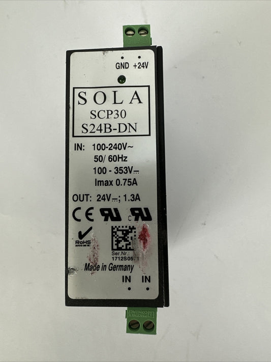 SOLA SCP30 S24B-DN POWER SUPPLY OUT 24VDC 1.3A INPUT 100-240VAC 100-353VDC 0.75A