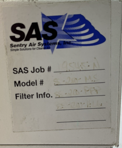 SAS SENTRY AIR SYSTEMS, INC. SS-200-MS WITH SS-200-HLG AIR FLOW HEPA FILTER