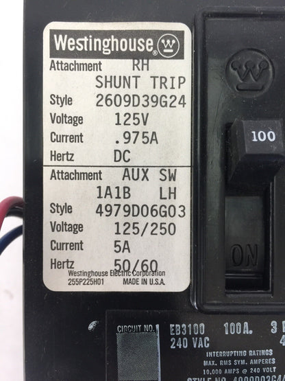 WESTINGHOUSE EB3100 CIRCUIT BREAKER 100AMP 3POLE 240VAC 2609D39G24 4979D06G03