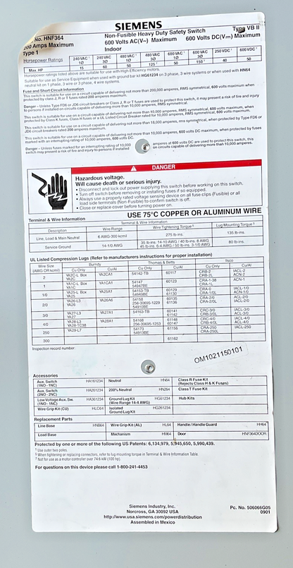 SIEMENS HF364 NON FUSIBLE SAFETY SWITCH 200A 600VAC/VDC VBII TYPE 1