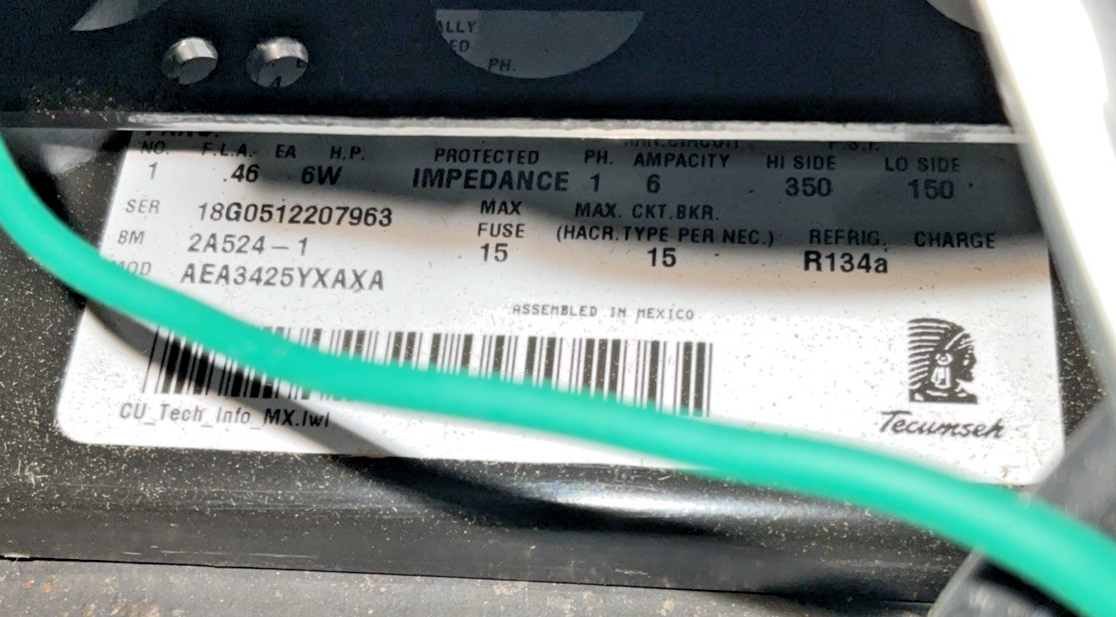 TECUMSEH AEA3425YXAXA COMPRESSOR 115V 60HZ 2A524-1 R134A 1PH 6W