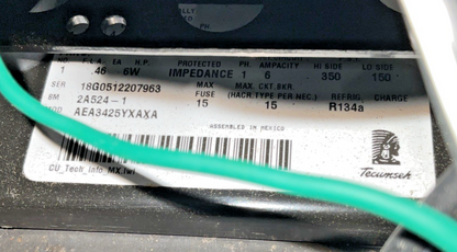 TECUMSEH AEA3425YXAXA COMPRESSOR 115V 60HZ 2A524-1 R134A 1PH 6W