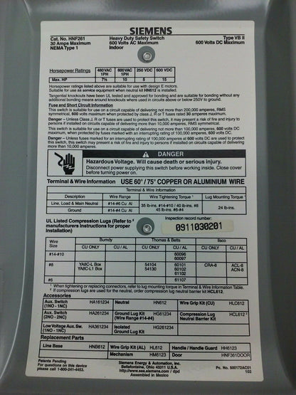 SIEMENS HNF261 NON FUSIBLE SAFETY SWITCH TYPE 1 ENCLOSURE TYPE VB11 30A 600V