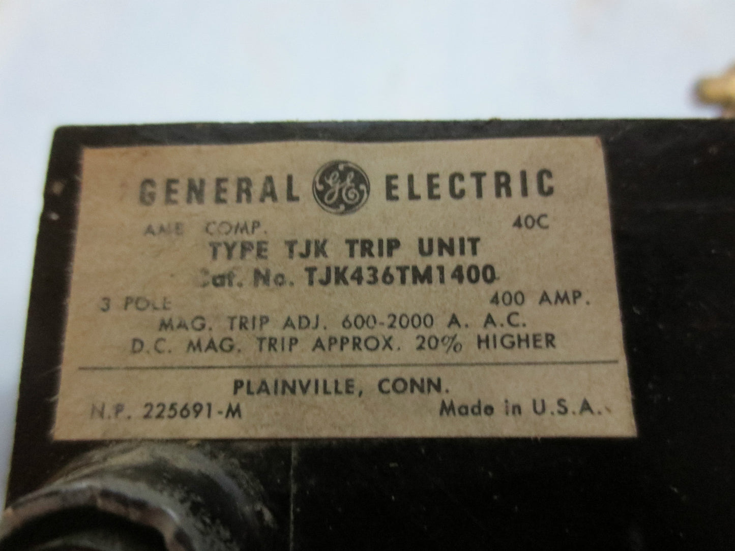 GENERAL ELECTRIC TYPE TJK TRIP UNIT 400 AMP MAG. TRIP ADJ. 600-2000A AC - 400M1