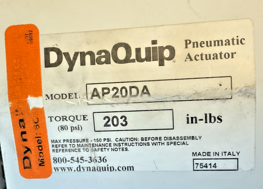DYNAQUIP AP20DA PNEUMATIC ACTUATOR 80PSI 203IN-LBS
