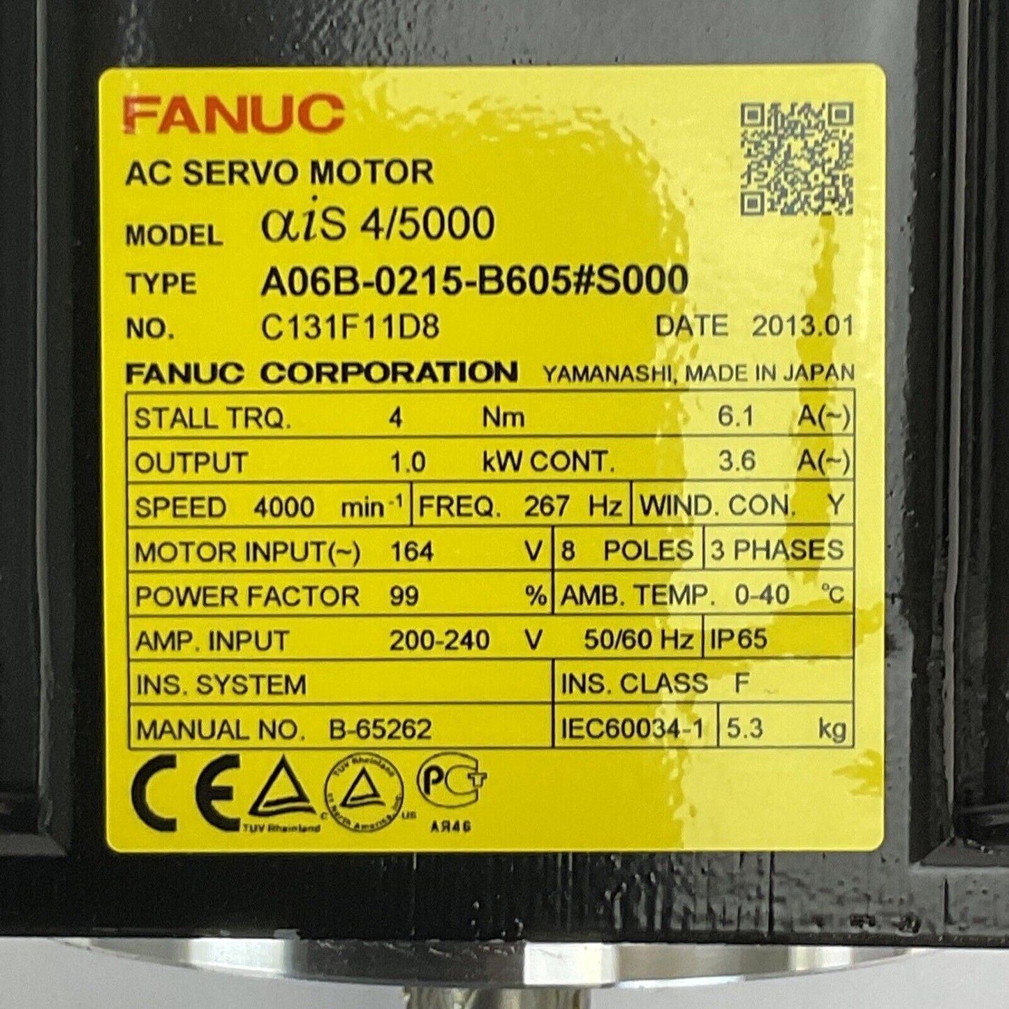 FANUC A06B-0215-B605#S000 AC SERVO MOTOR OUTPUT 1.0kW 3.6A AMP INPUT 200-240VAC
