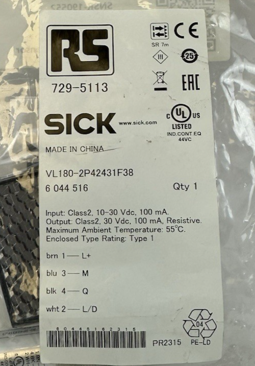 SICK VL180-2P42431F38 PHOTOELECTRIC SENSOR 729-5113 10-30VDC 100mA M18