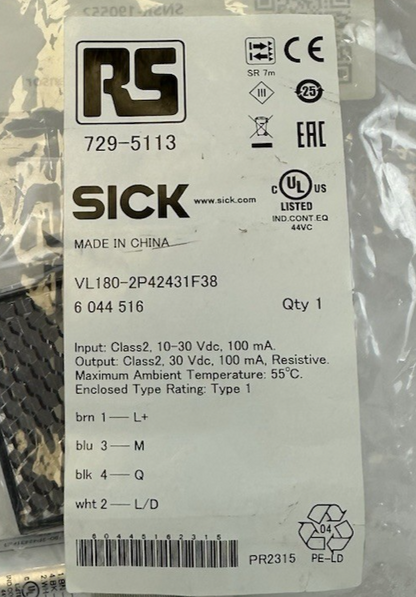 SICK VL180-2P42431F38 PHOTOELECTRIC SENSOR 729-5113 10-30VDC 100mA M18