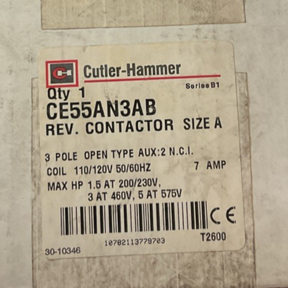 CUTLER HAMMER CE55AN3AB REVERSING  CONTACTOR SIZE A 3POLE 460V 7A 50/60HZ