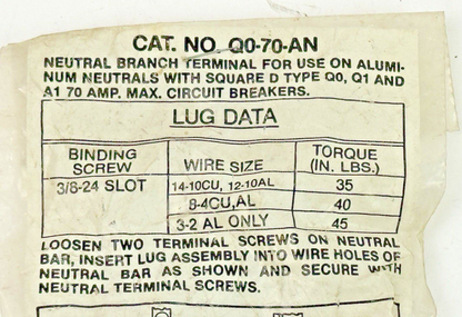 SQUARE D - Q0-70-AN - NEUTRAL BRANCH TERMINAL FOR USE ON ALUMINUM- NEW OLD STOCK