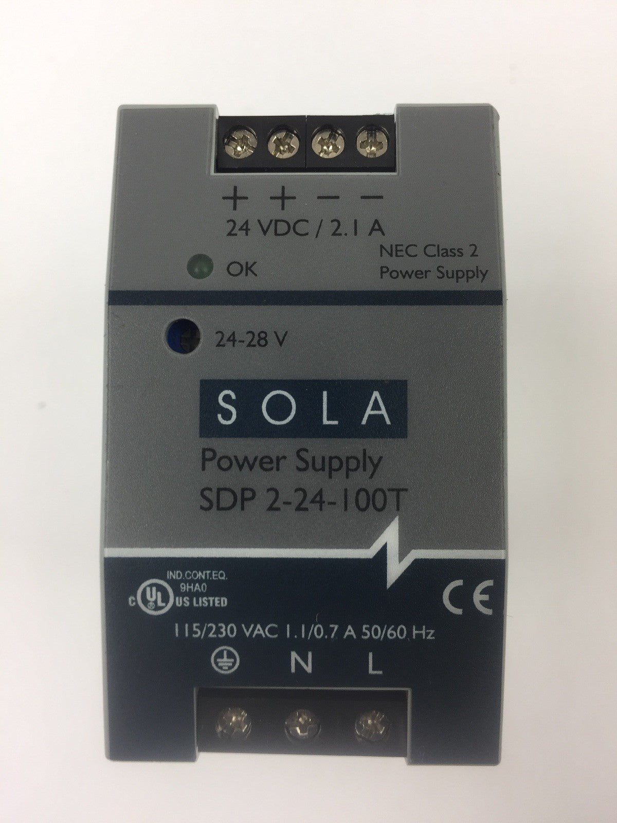SOLA SDP 2-24-100T POWER SUPPLY INPUT 115/230 VAC 1.1/0.7 A OUTPUT 24 VDC 2.1 A