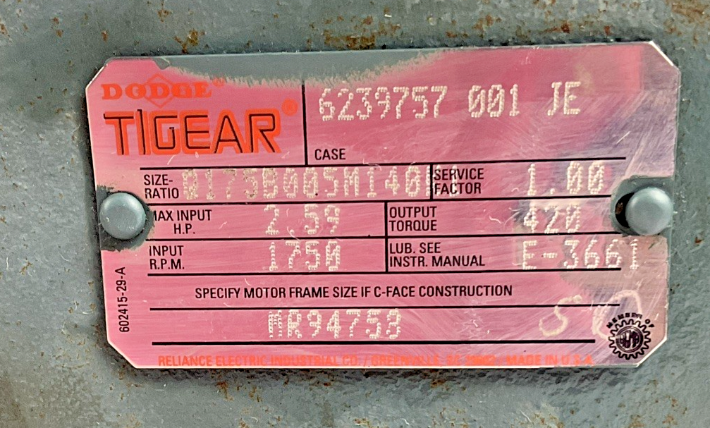 DODGE TIGEAR MR94758 GEAR REDUCER 5:1  1750RPM 2.59HP *HAS SHELF WEAR*