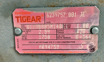 DODGE TIGEAR MR94758 GEAR REDUCER 5:1  1750RPM 2.59HP *HAS SHELF WEAR*